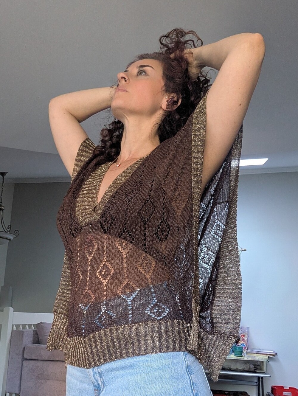 Boho Metallic Open-Knit Poncho Top | Festival Layering Piece